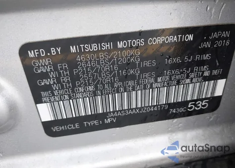 2018 Mitsubishi Eclipse Cross Es из США, поврежденный, VIN JA4AS3AAXJZ044179